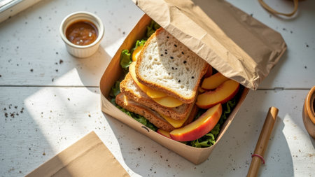Healthy sandwich with cheese and peaches in eco-friendly lunch box. That the image is generated using AI.の素材