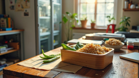 Sunlit kitchen with fresh couscous salad and green peppers on wooden table. That the image is generated using AI.の素材