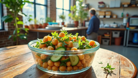 Healthy chickpea salad with fresh vegetables in sunlit kitchen. That the image is generated using AI.の素材