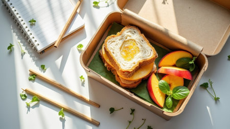 Lunchbox with egg-in-hole sandwich and fresh peaches with herbs on white table. That the image is generated using AI.の素材