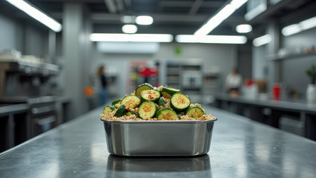 Fresh sliced cucumbers on a bed of couscous in a modern kitchen setting. That the image is generated using AI.の素材