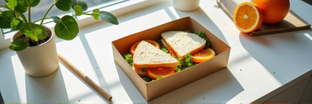Healthy sandwich lunchbox with oranges and greens on sunlit windowsill. That the image is generated using AI.の素材