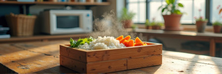 Steaming rice and vegetables in wooden box on rustic kitchen table. That the image is generated using AI.の素材
