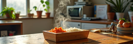 Steaming dish of rice and vegetables in sunlit kitchen. That the image is generated using AI.の素材