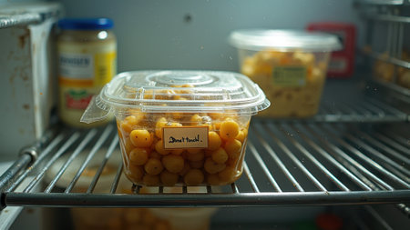 Refrigerator interior with plastic container of gooseberries labeled 'don't touch'. That the image is generated using AI.の素材