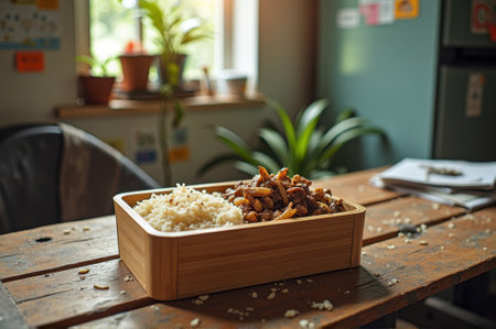 Delicious mushroom stir-fry with rice on rustic wooden table in cozy kitchen. That the image is generated using AI.の素材