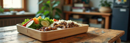 Fresh vegetable and rice platter with grilled meat on rustic wooden table. That the image is generated using AI.の素材