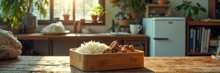 Cozy kitchen with rice and mushrooms on rustic wooden table in sunlit room. That the image is generated using AI.の素材