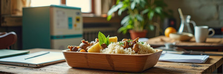 Rustic home kitchen with prepared meal featuring rice and vegetables on wooden table. That the image is generated using AI.の素材