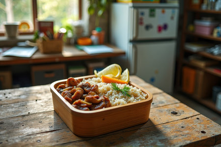 Bento box with rice, cashew chicken, and lemons on rustic table. That the image is generated using AI.の素材