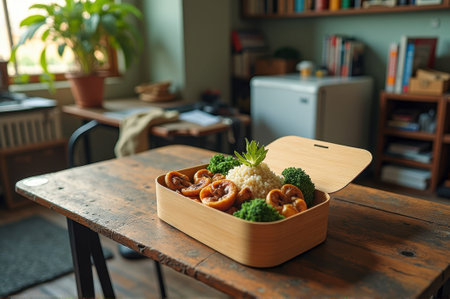 Bento box with rice, vegetables, and mushrooms on wooden table in cozy home office. That the image is generated using AI.の素材