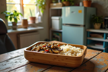 Wooden tray with rice and vegetables on rustic kitchen table. That the image is generated using AI.の素材