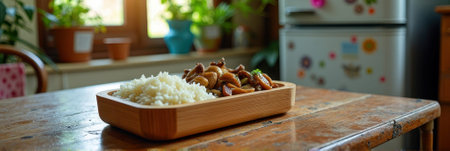 Delicious rice and mushroom dish on wooden table in cozy kitchen. That the image is generated using AI.の素材