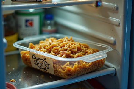 Leftover pasta in labeled plastic container inside refrigerator. That the image is generated using AI.の素材