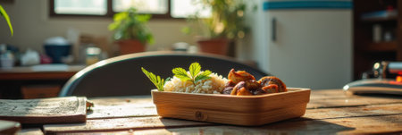 Rustic table with wooden bowl of rice and mushrooms in sunlit room. That the image is generated using AI.の素材