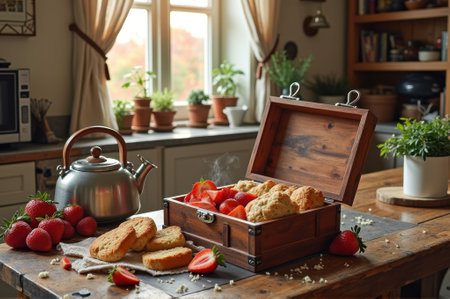 Freshly baked biscuits and strawberries in cozy kitchen setting. That the image is generated using AI.の素材
