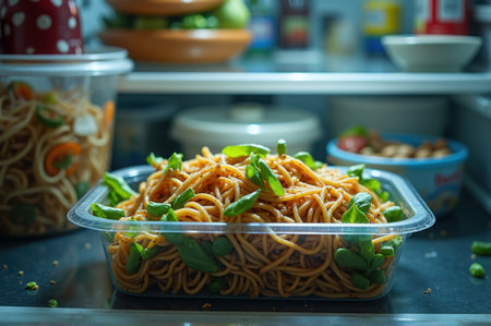 Freshly cooked spaghetti in refrigerator container with basil garnish. That the image is generated using AI.の素材