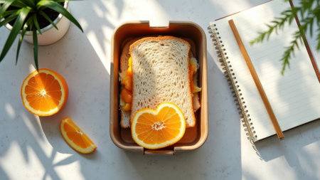 Sunny morning: orange and sandwich with plants and notebook. That the image is generated using AI.の素材