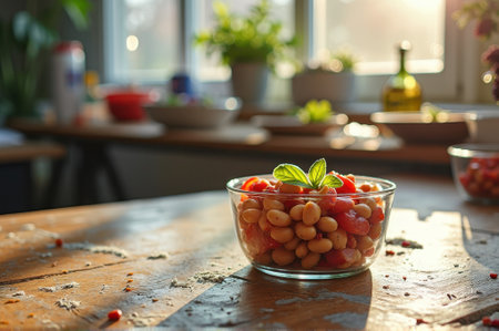 Sunlit kitchen with glass bowl of mixed beans and fresh basil. That the image is generated using AI.の素材