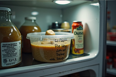 Homemade soup and drinks in refrigerator with handwritten labels. That the image is generated using AI.の素材
