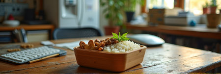 Wooden table with rice and mushrooms in cozy home office environment. That the image is generated using AI.の素材