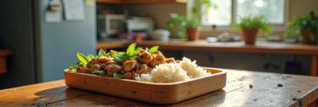 Delicious Asian cuisine with fried mushrooms and rice on rustic wooden table. That the image is generated using AI.の素材