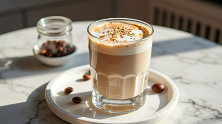 Iced latte with coffee beans on marble table in sunlit cafe setting. That the image is generated using AI.の素材