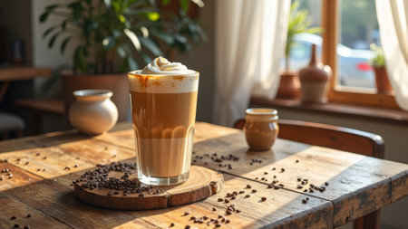 Latte with whipped cream on rustic wooden table in sunlit cafe. That the image is generated using AI.の素材