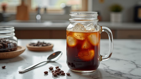 Refreshing iced coffee in a glass jar on marble kitchen counter. That the image is generated using AI.の素材