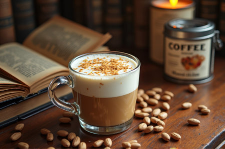 Cozy cappuccino on rustic wooden table with open book and coffee canister. That the image is generated using AI.の素材