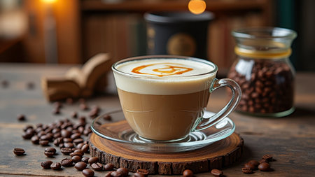 Cozy cafe vibes: cappuccino with latte art on rustic wooden table. That the image is generated using AI.の素材