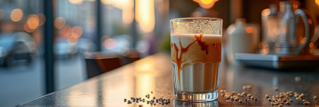Glass of chai latte on counter in cozy cafe setting during sunset. That the image is generated using AI.の素材