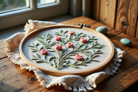 Floral embroidery hoop art on wooden table with sunlight. That the image is generated using AI.の素材