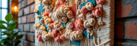 Intricate colorful macrame wall art with knotted patterns in cozy interior setting. That the image is generated using AI.の素材