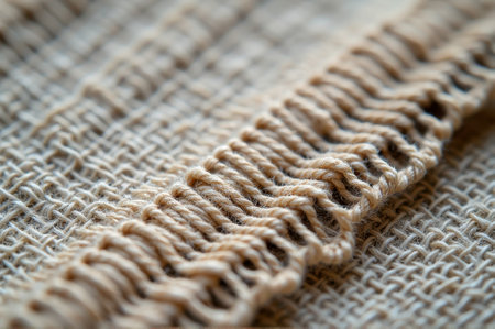Close-up of beige woven fabric texture with detailed thread patterns. That the image is generated using AI.の素材