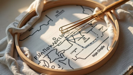 Wooden embroidery hoop with cloth featuring hand-drawn map design in sunlight. That the image is generated using AI.の素材