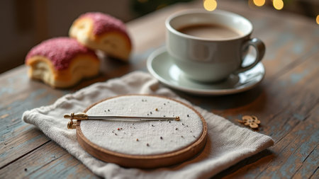 Cozy coffee and embroidery hoop on rustic wooden table with donuts. That the image is generated using AI.の素材