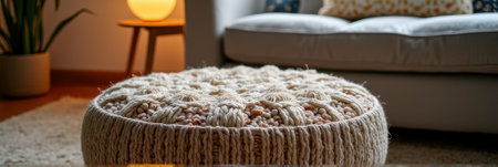 Cozy living room with woven pouf and soft lighting in modern home interior. That the image is generated using AI.の素材