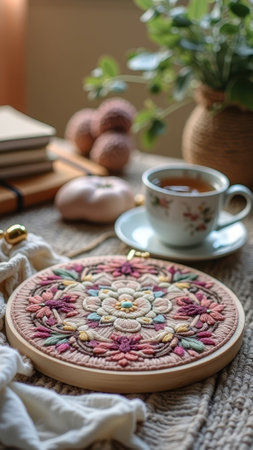Colorful floral embroidery on table with teacup and books in cozy setting. That the image is generated using AI.の素材