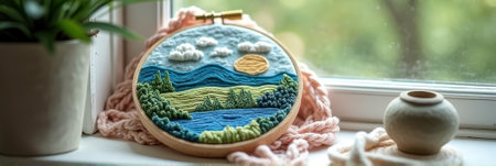 Colorful embroidery hoop art depicting vibrant landscape with lake and mountains. That the image is generated using AI.の素材