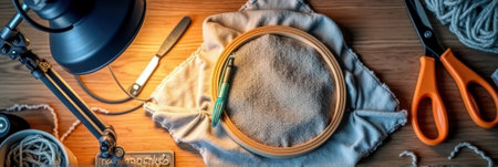 Embroidery hoop and tools on wooden table with warm lighting. That the image is generated using AI.の素材