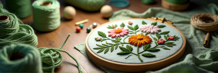 Colorful floral embroidery in hoop with threads and needles on wooden table. That the image is generated using AI.の素材
