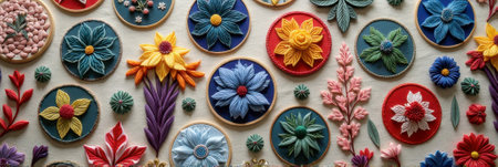 Colorful floral wall art displaying diverse handmade embroidery with texture and depth. That the image is generated using AI.の素材