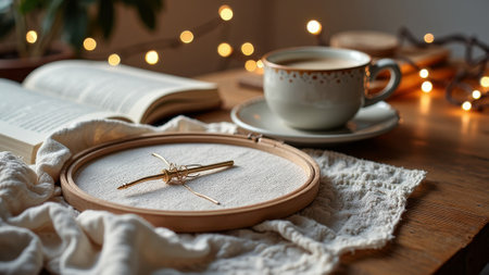 Cozy reading nook with embroidery hoop, warm lighting, and coffee cup. That the image is generated using AI.の素材