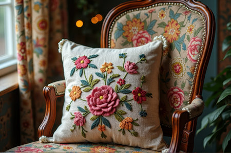 Floral embroidered cushion on vintage floral armchair in cozy room setting. That the image is generated using AI.の素材