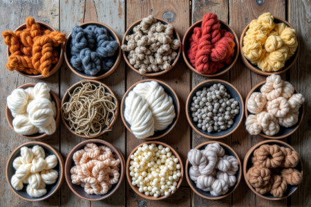 Colorful array of wool and yarn balls in rustic wooden bowls on table. That the image is generated using AI.の素材