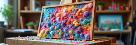 Colorful yarn art displayed in wooden frame on artist's easel in creative studio. That the image is generated using AI.の素材