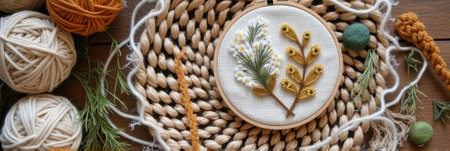Natural embroidery display with yarn and pine accents on woven mat. That the image is generated using AI.の素材