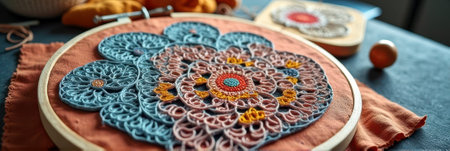 Intricate embroidery design on hoop with colorful thread patterns. That the image is generated using AI.の素材
