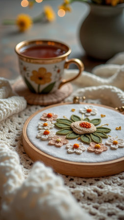 Floral embroidery hoop and tea with cozy knitted blanket. That the image is generated using AI.の素材